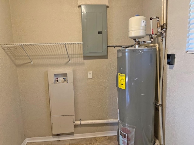 utility room with electric panel and water heater