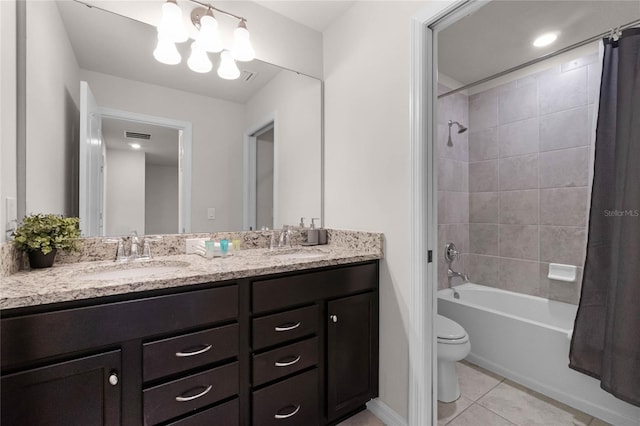 full bathroom featuring tile patterned flooring, vanity, shower / bathtub combination with curtain, and toilet