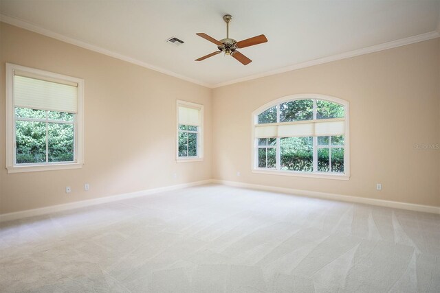 spare room featuring crown molding, plenty of natural light, and light carpet