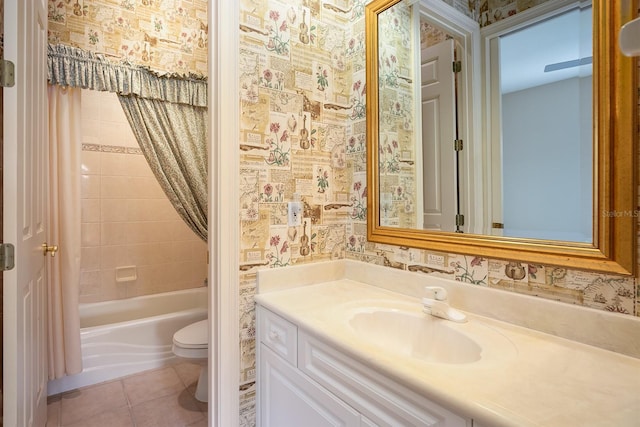 full bathroom with tile patterned flooring, vanity, toilet, and shower / tub combo with curtain