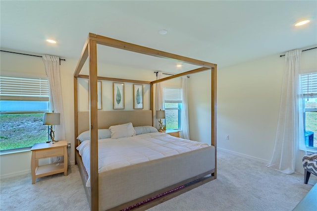 bedroom with multiple windows and light carpet