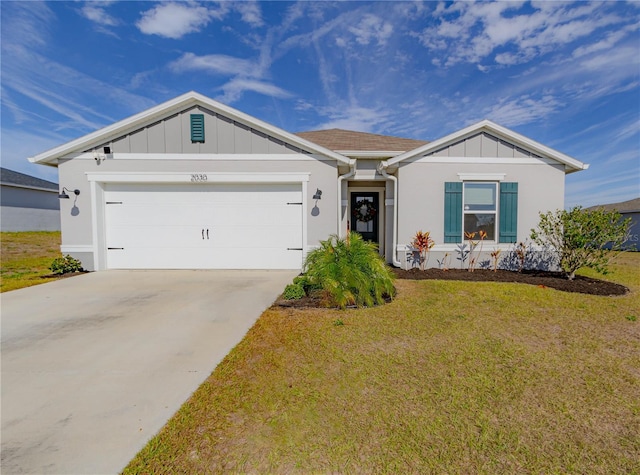 ranch-style home featuring a front yard and a garage