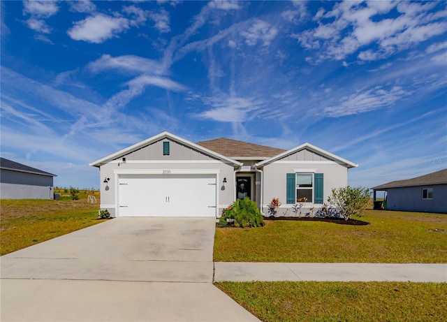 single story home featuring a front yard and a garage