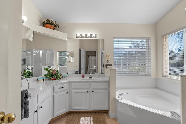 bathroom featuring vanity and shower with separate bathtub