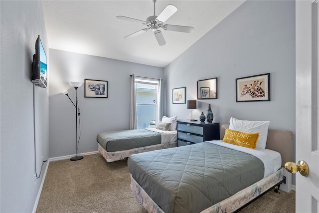 bedroom with carpet, ceiling fan, and lofted ceiling