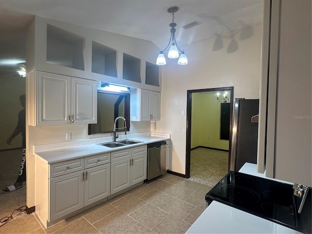 kitchen featuring sink, white cabinets, decorative light fixtures, light tile patterned floors, and appliances with stainless steel finishes