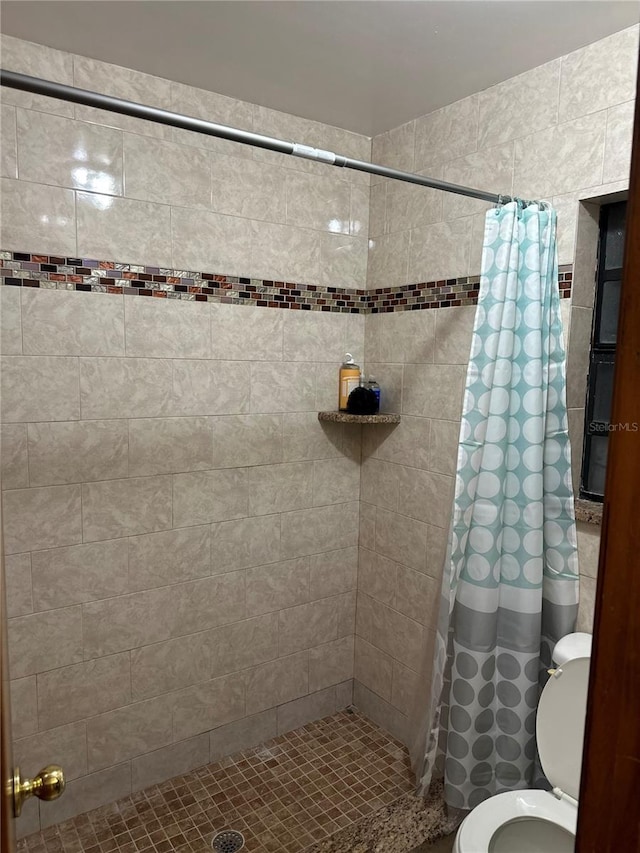 bathroom with a shower with curtain and toilet