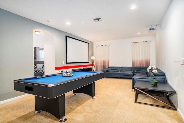 recreation room featuring carpet flooring and billiards