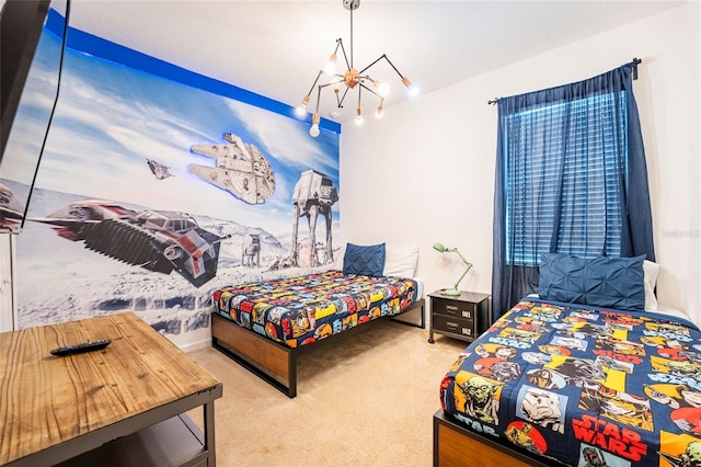 carpeted bedroom with a notable chandelier