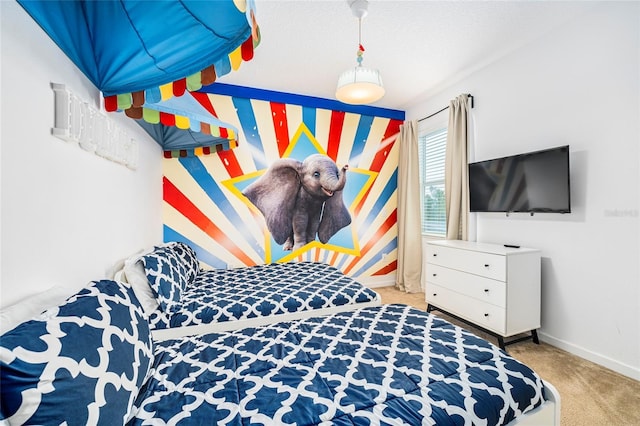 bedroom featuring light colored carpet