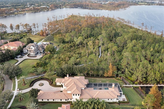 bird's eye view with a water view