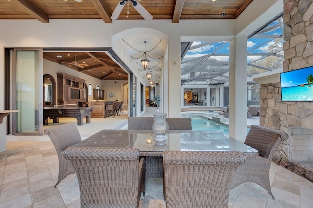 dining space featuring beamed ceiling, wood ceiling, and billiards