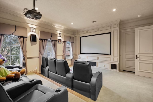 home theater featuring light carpet, crown molding, and a textured ceiling