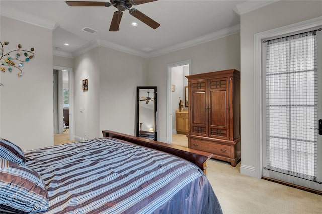 carpeted bedroom with ceiling fan, crown molding, and connected bathroom