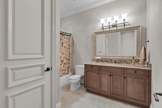 full bathroom with shower / bath combination with curtain, tile patterned floors, ornamental molding, vanity, and toilet