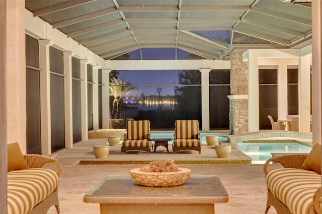 view of patio terrace at dusk