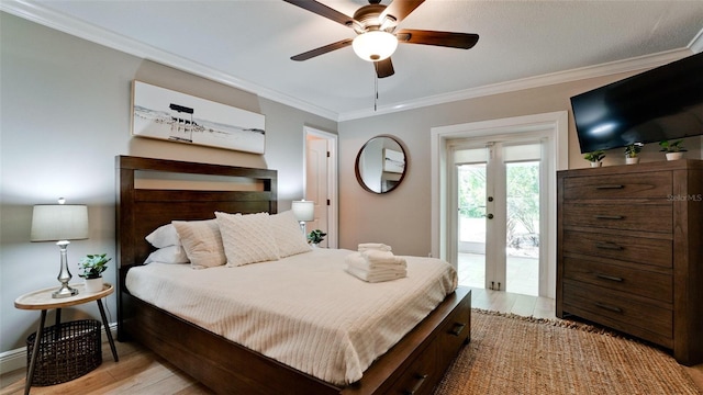 bedroom featuring ceiling fan, french doors, crown molding, access to outside, and light wood-type flooring