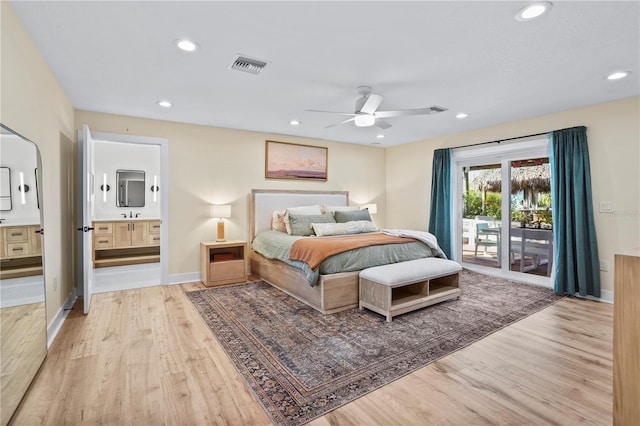 bedroom featuring ceiling fan, access to exterior, connected bathroom, and light hardwood / wood-style floors