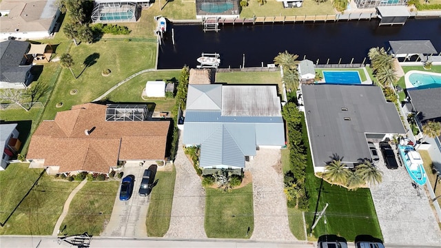 aerial view featuring a water view