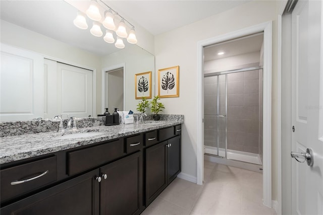 bathroom featuring tile patterned flooring, vanity, and a shower with door