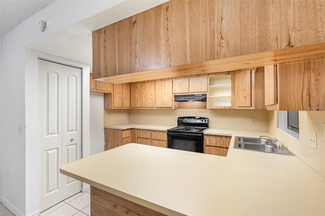 kitchen featuring black electric range oven, sink, light tile patterned floors, a textured ceiling, and kitchen peninsula