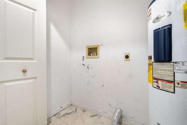 clothes washing area with electric dryer hookup, water heater, and washer hookup