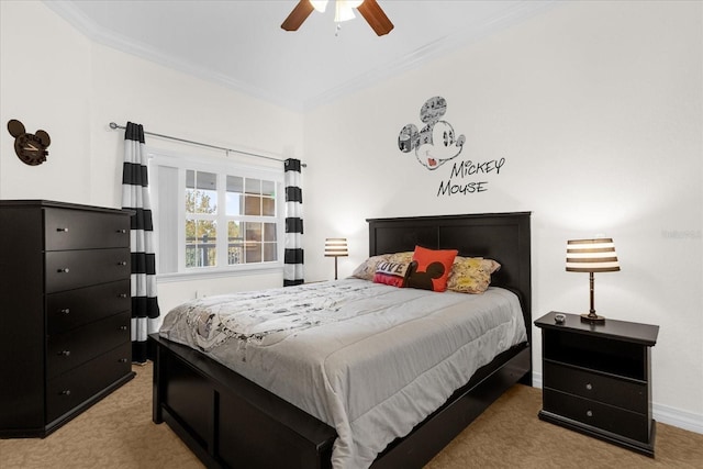 bedroom with ceiling fan, crown molding, and light carpet