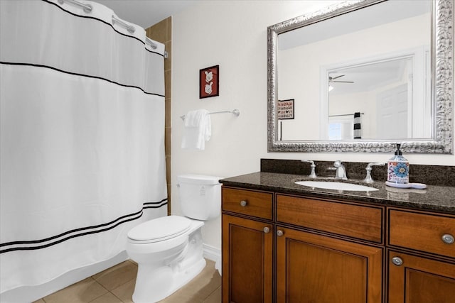 bathroom with tile patterned flooring, ceiling fan, toilet, and vanity