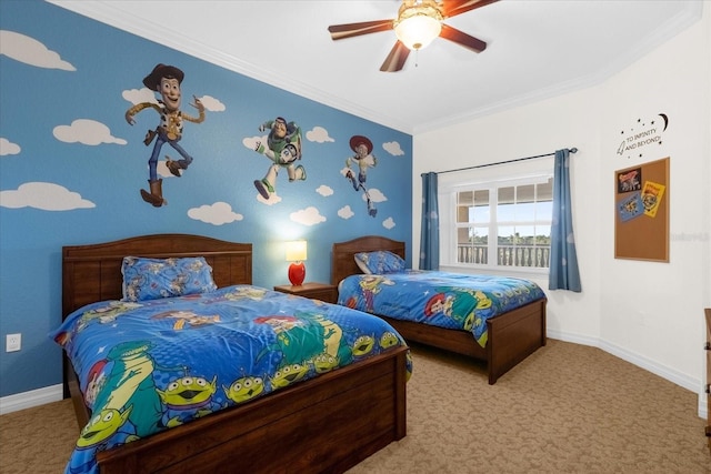 bedroom with ceiling fan, light colored carpet, and crown molding