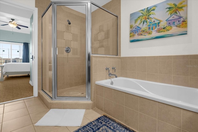 bathroom featuring tile patterned floors, ceiling fan, and shower with separate bathtub