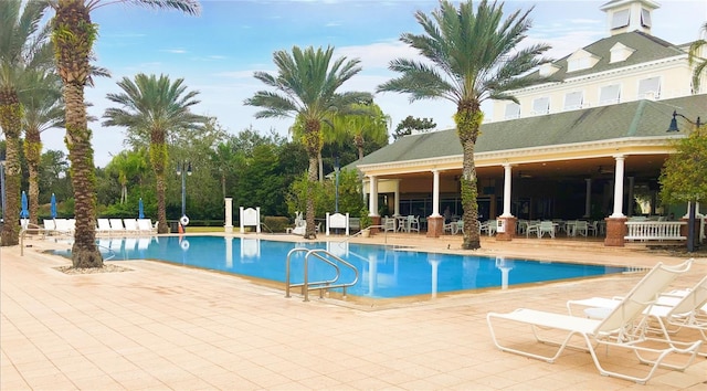 view of swimming pool with a patio area