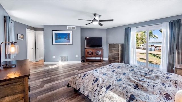 bedroom with ceiling fan, wood-type flooring, and access to exterior