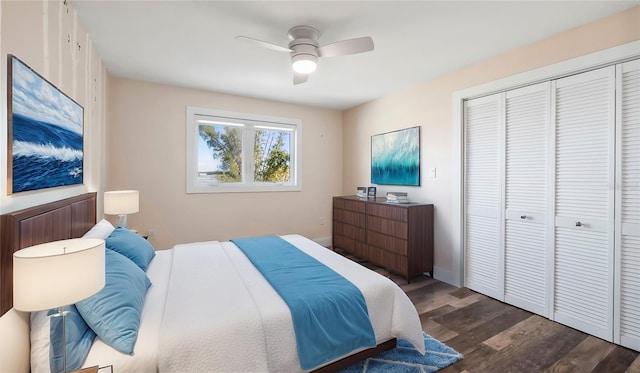 bedroom featuring dark wood-type flooring, a closet, and ceiling fan