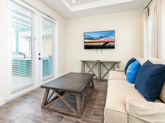 living room featuring hardwood / wood-style flooring and a raised ceiling