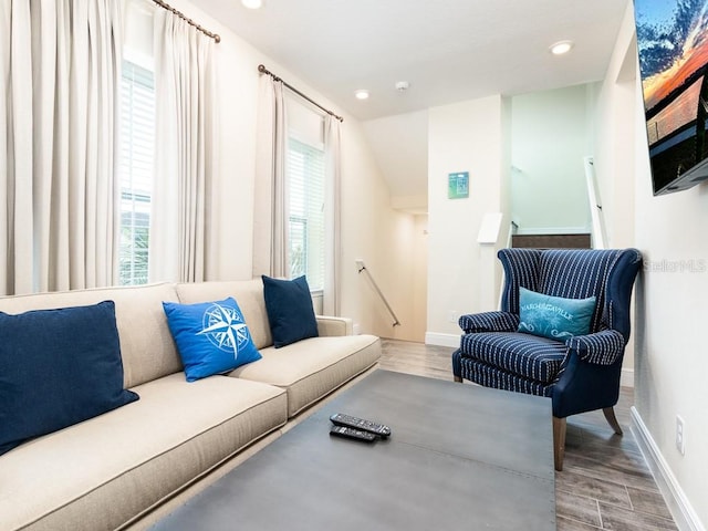 living room featuring hardwood / wood-style flooring and a healthy amount of sunlight