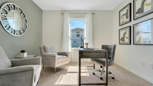 home office featuring light colored carpet