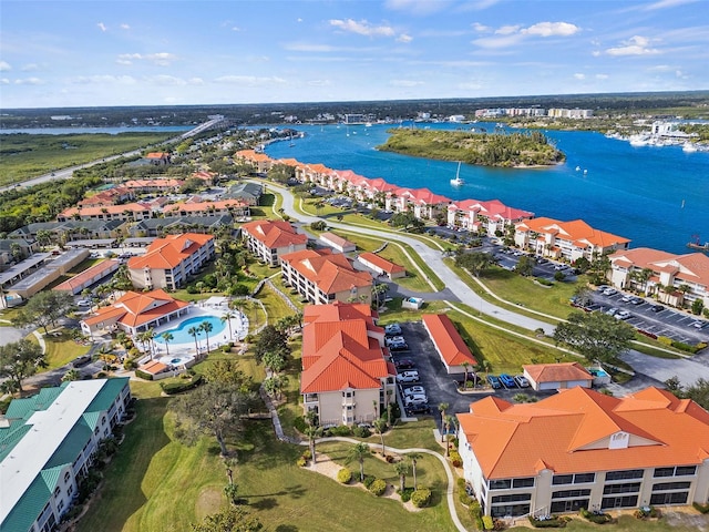 birds eye view of property featuring a water view