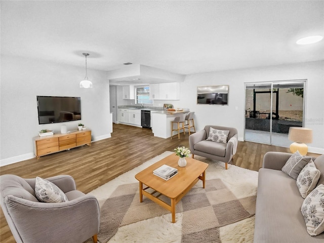 living room with sink and light hardwood / wood-style floors