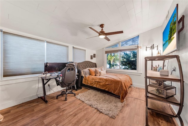 bedroom with wood-type flooring, vaulted ceiling, wooden ceiling, and ceiling fan