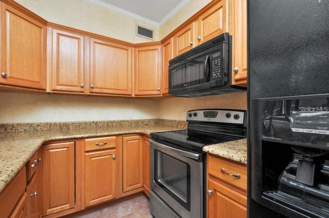 kitchen featuring black appliances, light stone counters, and ornamental molding