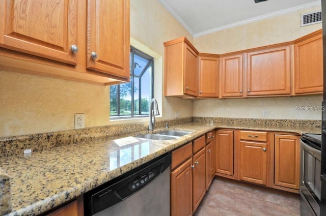 kitchen with light stone countertops, sink, ornamental molding, and appliances with stainless steel finishes