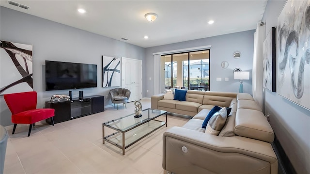 living room featuring light tile patterned floors