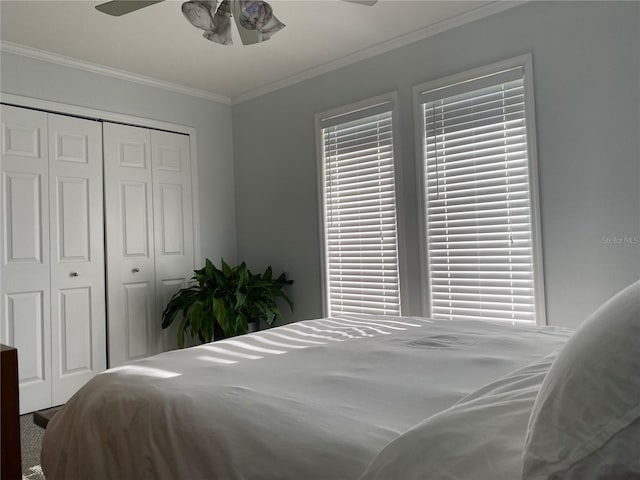 bedroom with carpet flooring, ceiling fan, crown molding, and a closet