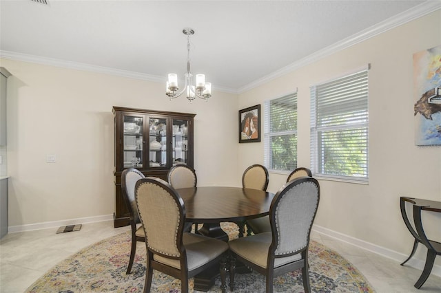 dining area featuring light tile patterned flooring, a chandelier, and ornamental molding