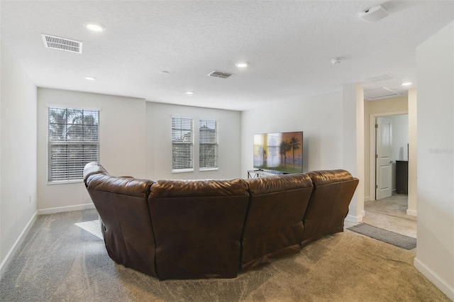 carpeted living room with a textured ceiling