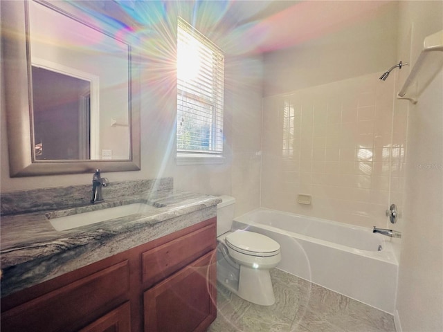 full bathroom featuring shower / tub combination, vanity, and toilet