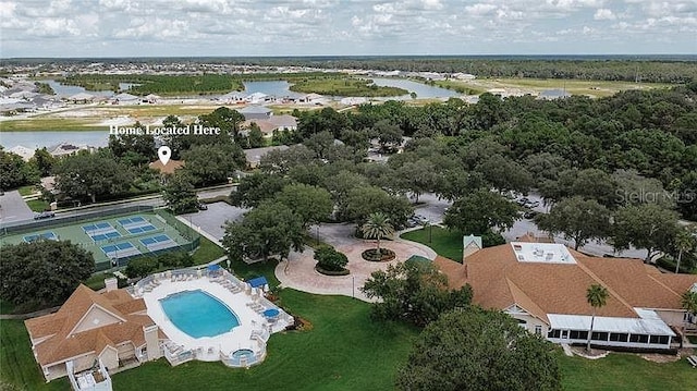 aerial view featuring a water view