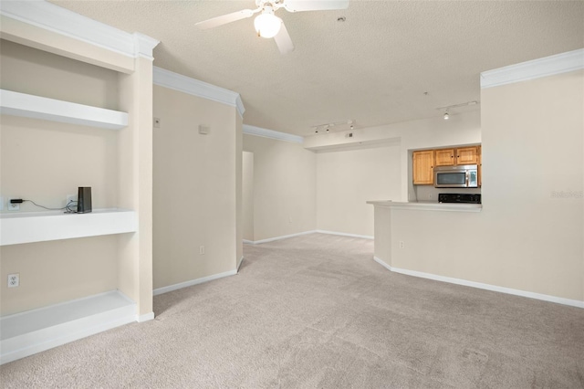 empty room with a textured ceiling, rail lighting, light colored carpet, and ornamental molding