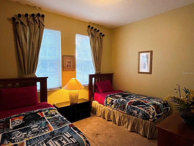 bedroom featuring carpet floors and a textured ceiling