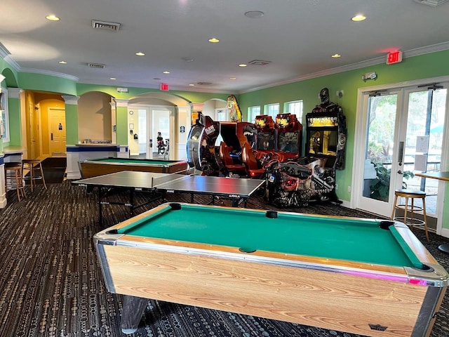 rec room with crown molding, pool table, and french doors